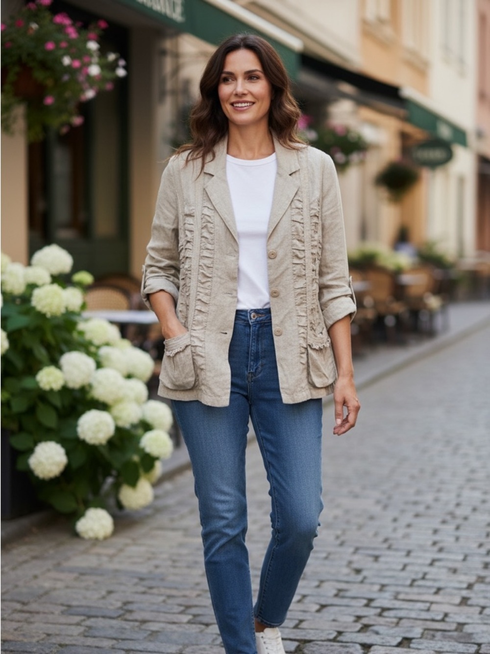 Vex Collection Flax Linen Ruffle Apron Pocket Timeless Collared Blazer Jacket